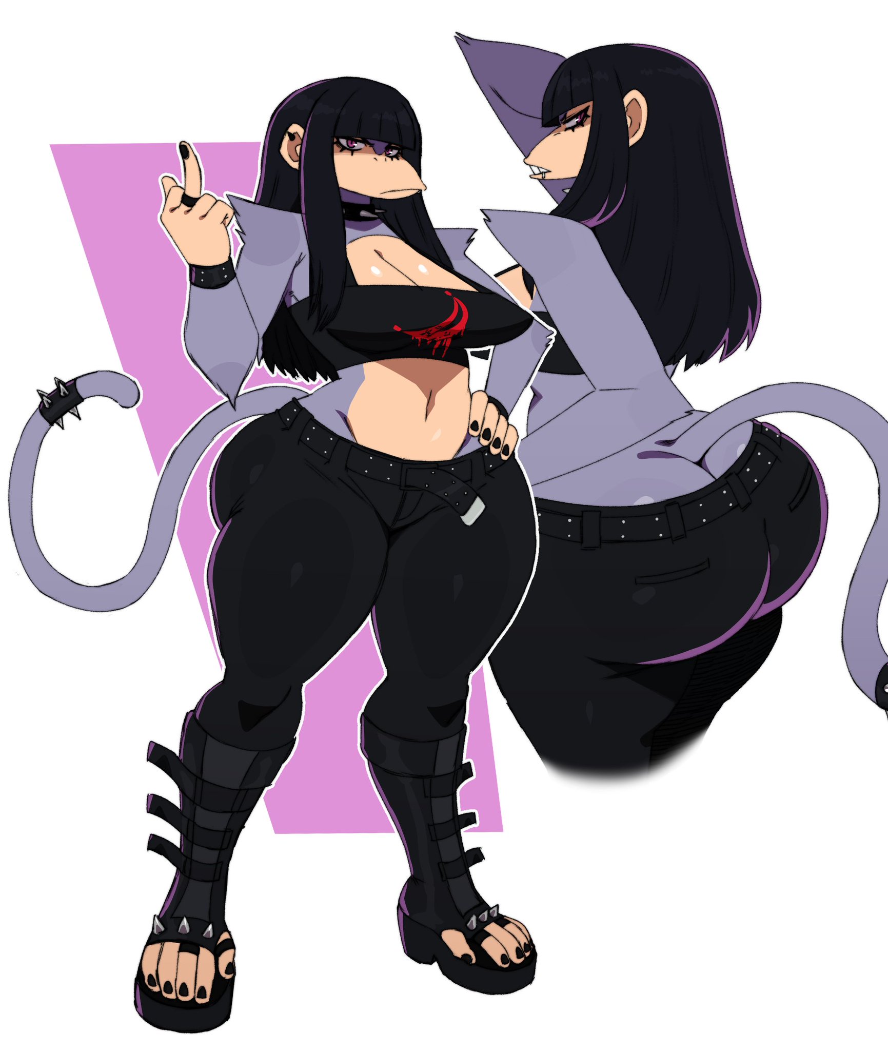 1girls, ass, ass cleavage, ass crack, beth (redustheriotact), big ass, black hair, breasts, butt crack, choker, clothed, female, goth, haplorhine, long hair, middle finger, monkey, monkey girl, original, original character, piercing, primate, sssonic2, tagme, tail, thick thighs