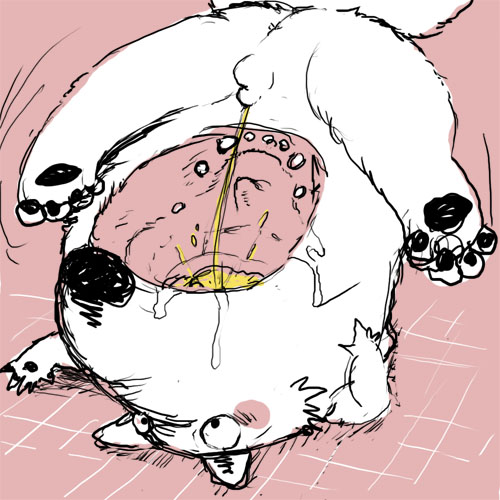 1boy anthro ass balls canine fur furry furry_only gay headstand male male_only no_humans open_mouth peeing peeing_in_mouth penis pink_background plain_background sansh sketch small_penis toilet urine watersports what white_fur