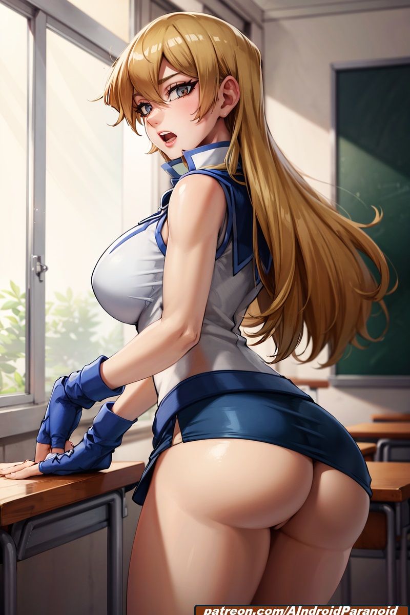 ai generated, aindroidparanoid, alexis rhodes, ass, ass focus, blonde hair, breasts, bubble ass, bubble butt, female, from behind, gold eyes, huge ass, huge breasts, massive breasts, narrowed eyes, nipples, skirt, stable diffusion, tenjouin asuka, uniform, wide hips, yu-gi-oh!, yu-gi-oh! gx