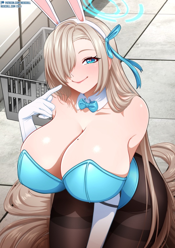 1girls, 2d, 2d (artwork), alternate costume, artist name, asuna (blue archive), asuna (bunny) (blue archive), big breasts, blonde, blonde hair, blue archive, blue eye, breasts, bunnysuit, cleaning & clearing (blue archive), fake animal ears, fake rabbit ears, female, female only, gloves, hair over one eye, heart-shaped pupil, imminent oral, kneeling, large breasts, light skin, light-skinned female, long gloves, long hair, looking at viewer, millennium science school student, mole on breast, neocoill, one eye obstructed, slim waist, smile, smiling, smiling at viewer, solo, symbol-shaped pupil, voluptuous, white gloves