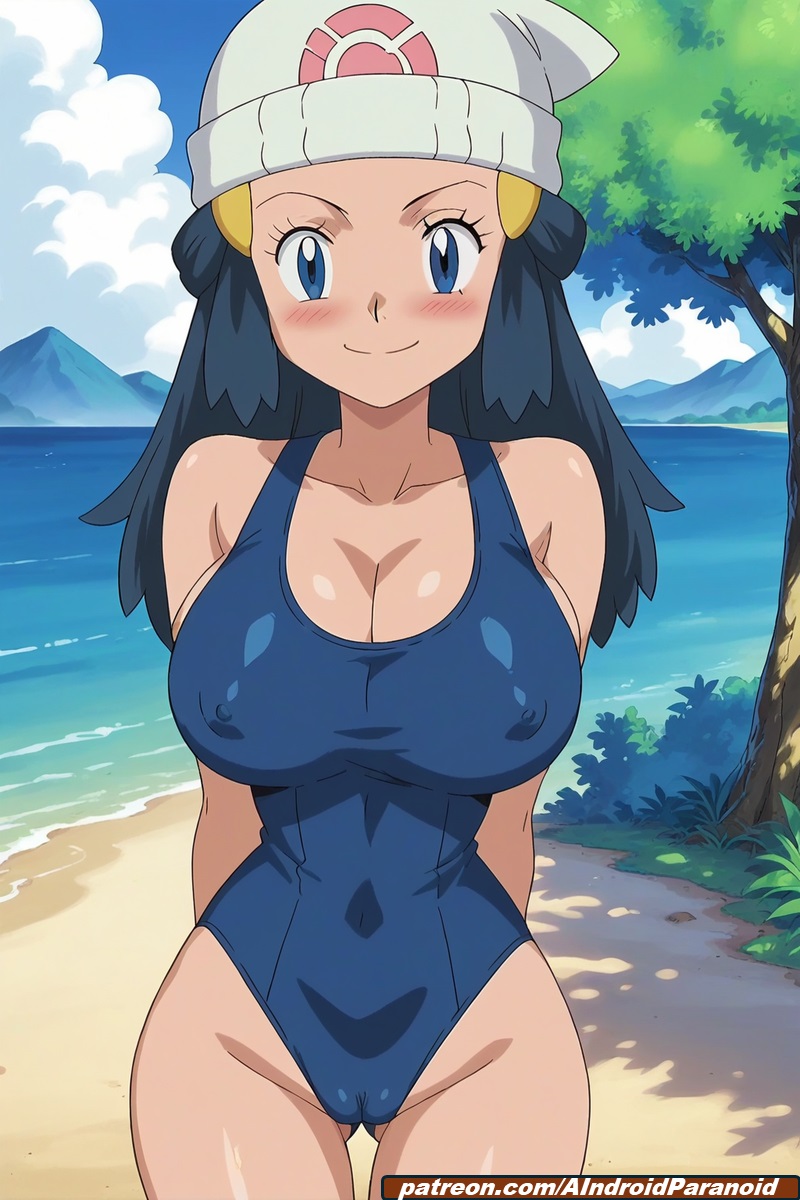 ai generated, aindroidparanoid, beach, big breasts, blue eyes, blue hair, blue swimsuit, boobs, breasts, cameltoe, covered nipples, dawn (pokemon), female, grabbing own breast, happy, hat, hips, huge breasts, large breasts, one-piece swimsuit, outdoors, outside, pokemon, pussy, stable diffusion, tight clothing, tits, wide hips
