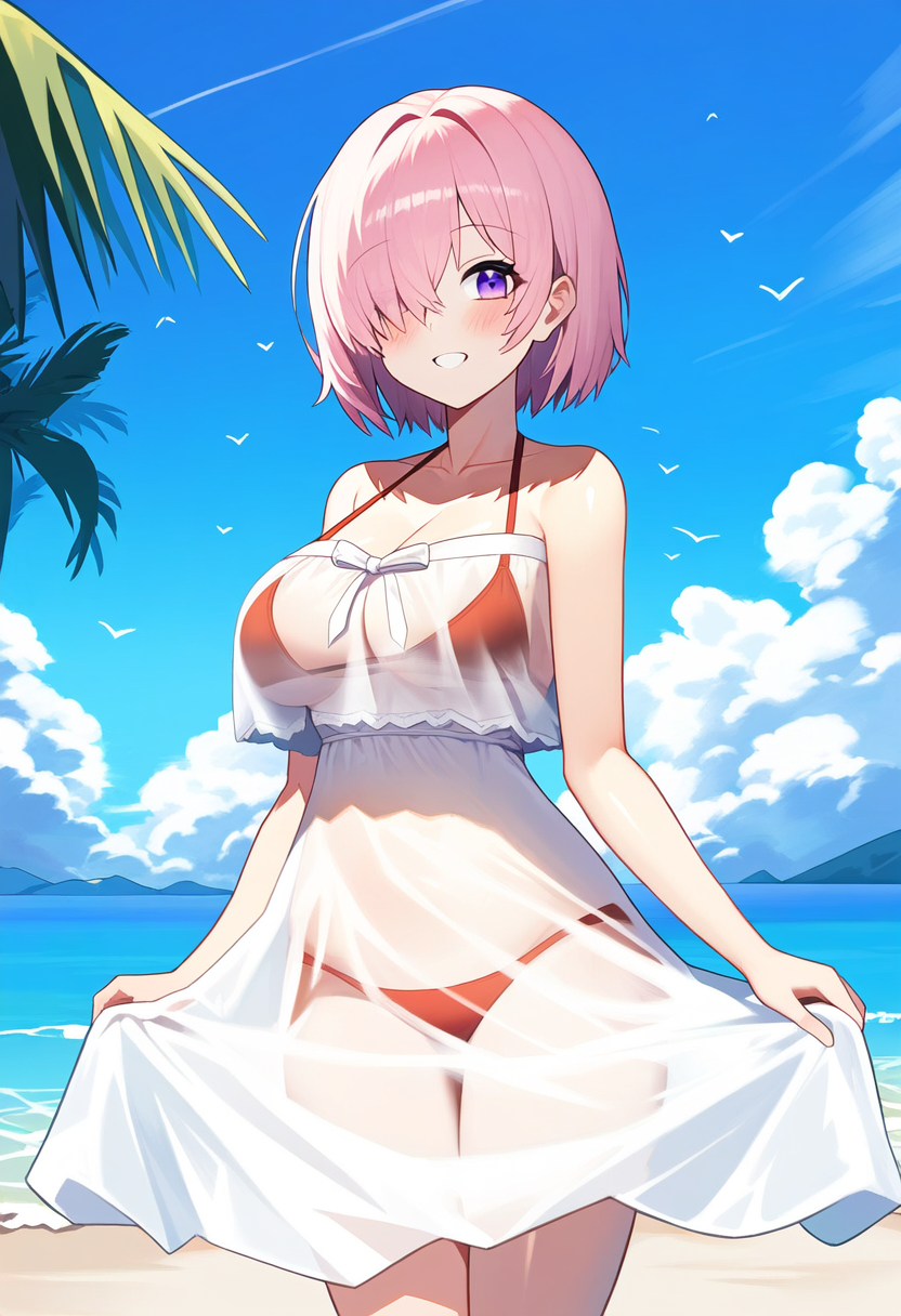 1girls ai_generated bare_shoulders bikini bikini_bottom bikini_top cleavage collarbone fate/grand_order fate_(series) mash_kyrielight mashu midriff moon_mirror pink_hair purple_eyes see-through_clothing shielder_(fate) shielder_(fate/grand_order) solo type-moon underboob