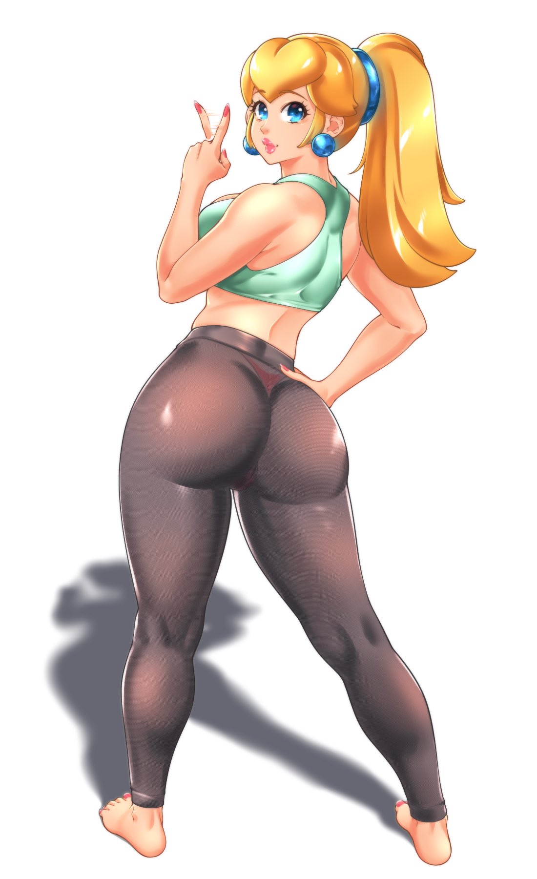 1girls ass blonde_hair blue_eyes earrings gym_clothes large_ass looking_back mario_(series) omiiverse ponytail princess_peach red_panties v_sign white_background