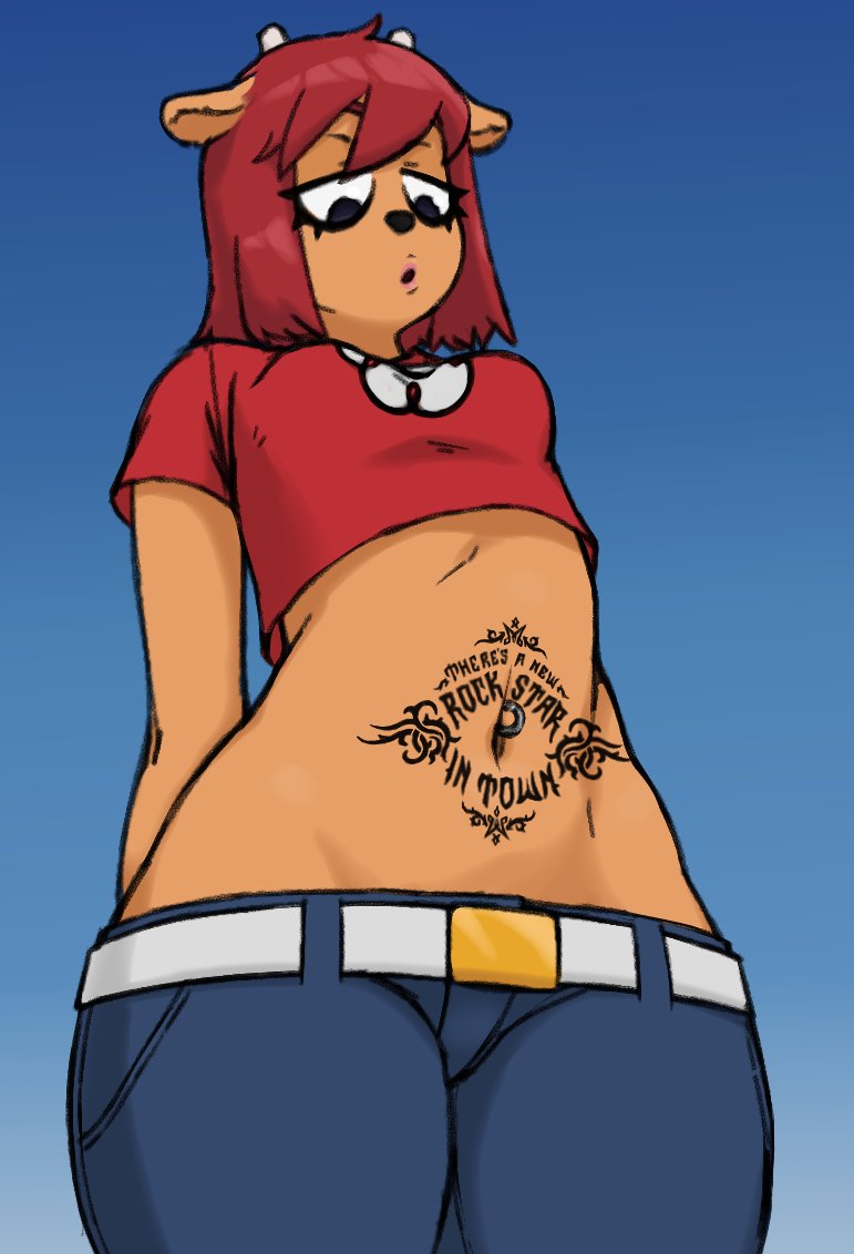 1girls belly belly_button belly_button_piercing belly_piercing bovid deep_navel furry jeans lamb lammy_(um_jammer_lammy) lammy_lamb long_torso looking_down low-angle_view lowrise_jeans midriff midriff_focus navel_depth navel_fetish navel_focus navel_piercing orange_body pierced_belly_button pierced_navel presenting red_hair rottedpaint small_breasts stomach_tattoo tomboy um_jammer_lammy wide_hips