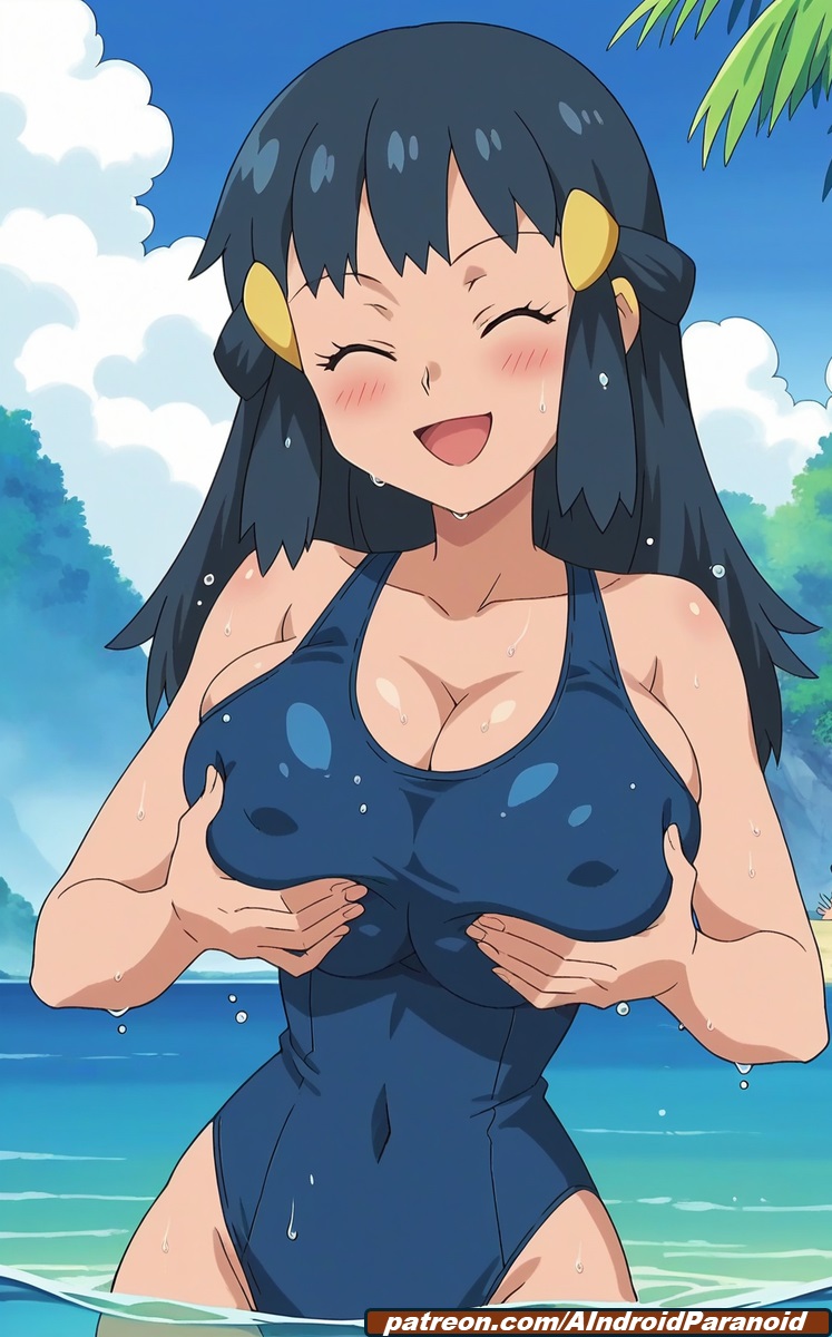 ai generated, aindroidparanoid, beach, big breasts, blue eyes, blue hair, blue swimsuit, breasts, cameltoe, covered nipples, dawn (pokemon), female, grabbing, grabbing own breast, happy, hat, hips, huge breasts, human, large breasts, one-piece swimsuit, outdoors, outside, pokemon, pussy, squeezing breast, stable diffusion, tight clothing, wide hips