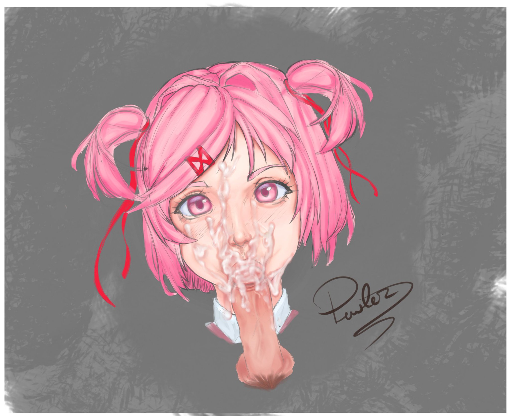 1boy, 1girls, artist signature, asking for it, blowjob, blowjob face, cum, cum in mouth, cum on face, doki doki literature club, english text, facial, fellatio, female, light blush, male, natsuki (doki doki literature club), penis, pewter-boi, pink eyebrows, pink eyes, pink hair, sucking, sucking penis, text