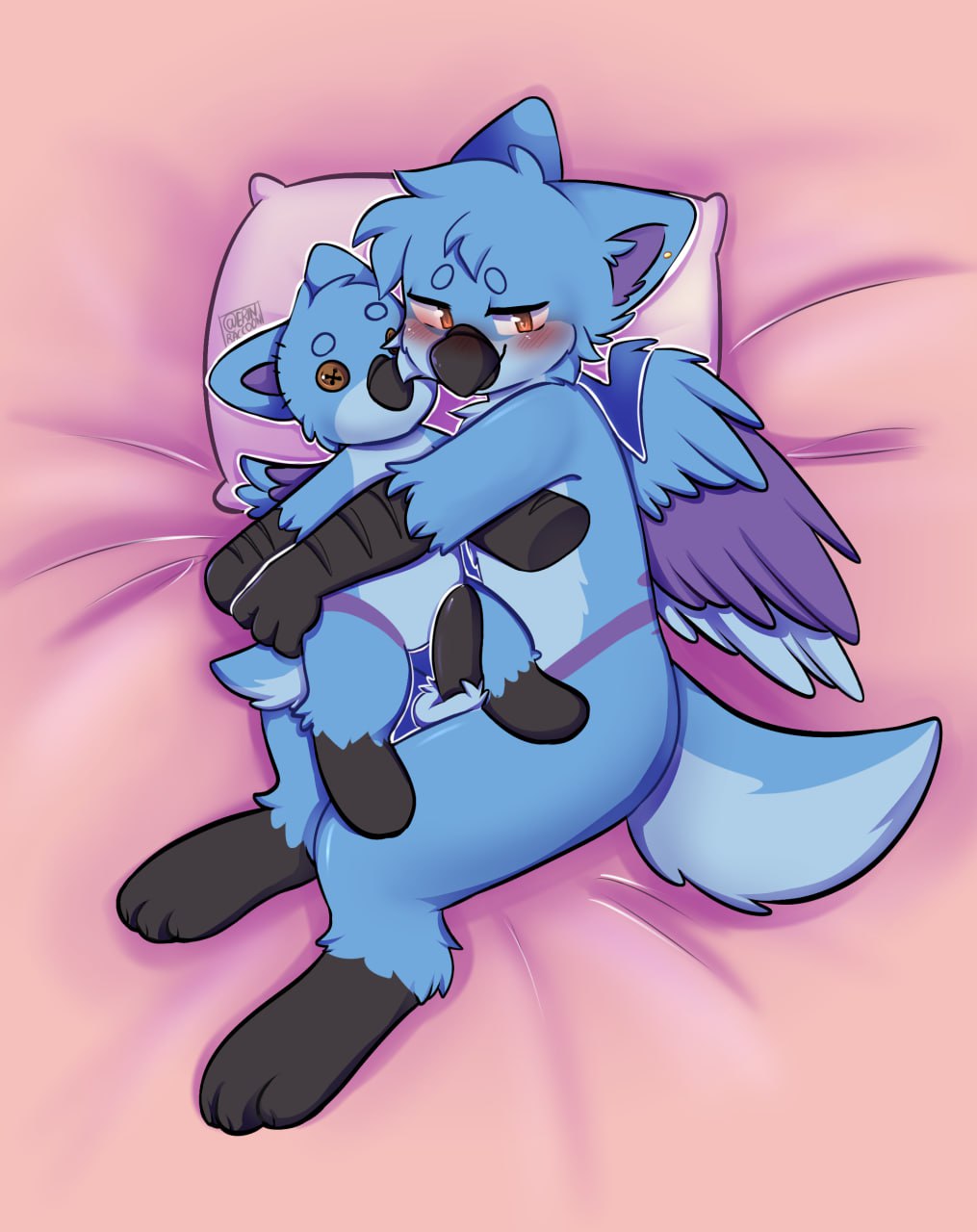 anthro avian bed blush erection erinraccoon furniture gryphon hi_res hug hugging_object hugging_plushie kath_(kathgryph) lying lying_on_bed male mythological_avian mythological_creature mythology on_bed pillow plushie solo