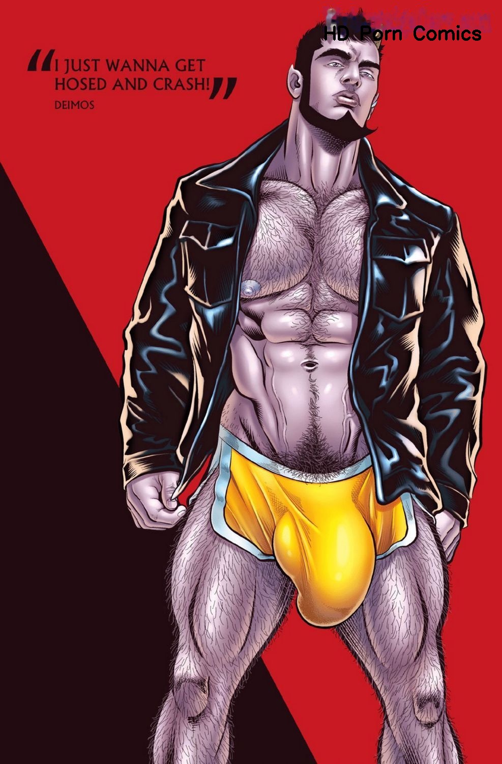 1boy abs beard biceps big_bulge big_penis black_hair body_hair bulge bulge_through_clothing chest_hair class_comics dark_hair deimos_(class_comics) demon demon_horns facial_hair gay_male hairy_chest hairy_legs hairy_male horns jacket leather_jacket looking_at_viewer male male_only male_pubic_hair muscles muscular muscular_male nipples patrick_fillion pecs penis pointy_ears pubic_hair purple_body purple_eyes purple_skin shirtless shirtless_male solo solo_male standing standing_position text underwear