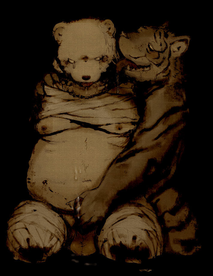 2boys amputation amputee anthro balls bandage bear black_background blood crying cum cum_on_chest feline fur furry gay handjob licking licking_face male male_only nipples overweight penis plain_background polar_bear quadruple_amputee saliva saliva_string sansh sitting tiger tongue