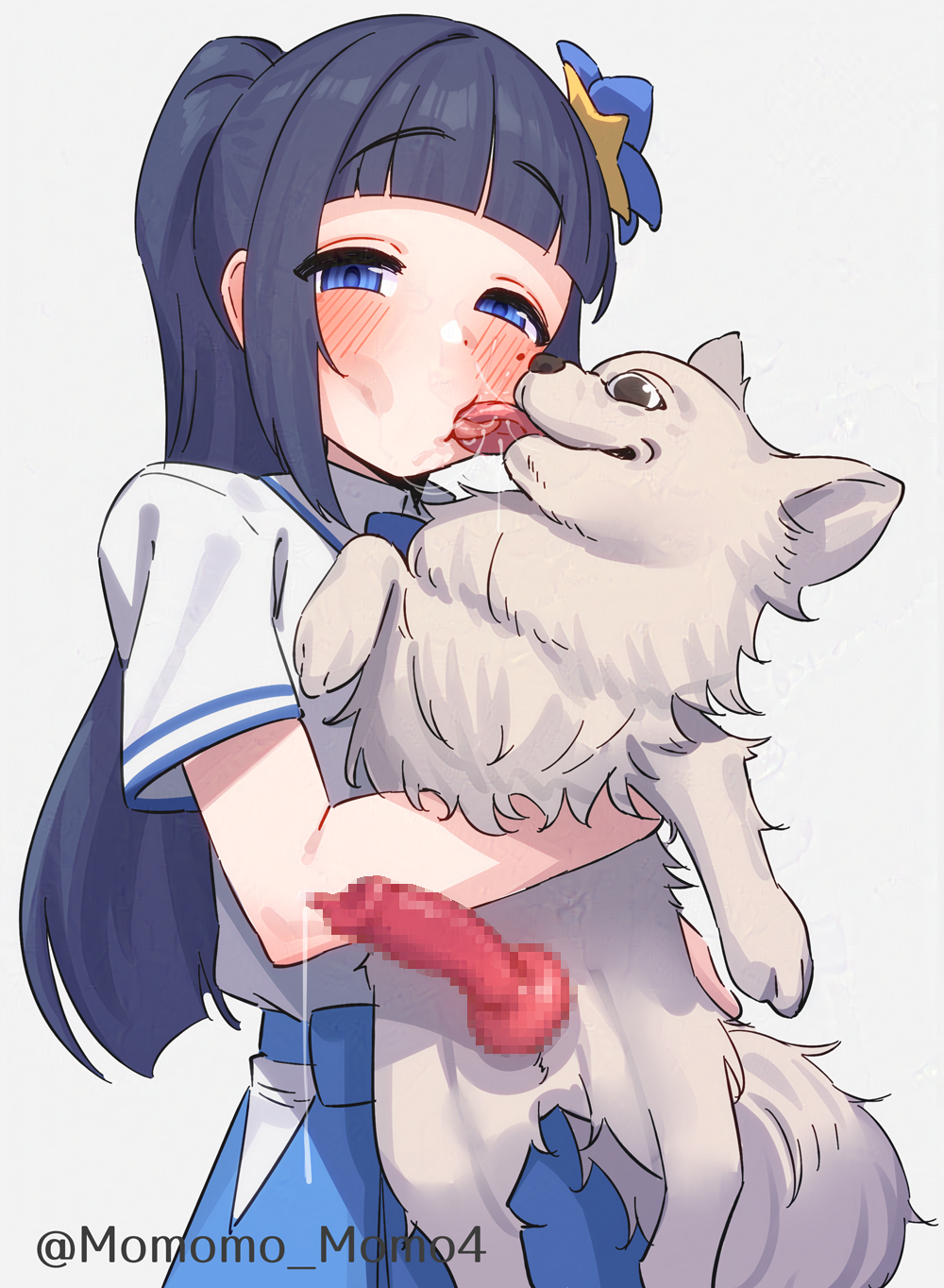 animal animal_penis aoi_ch. black_hair blue_eyes blue_hair blue_hakama blunt_bangs blush bow canine censored dog_penis female french_kiss fuji_aoi hakama hakama_skirt highres japanese_clothes kissing long_hair looking_at_viewer mole mole_under_eye mosaic_censoring open_mouth penis saliva shirt short_sleeves simple_background skirt twitter_username virtual_youtuber white_background white_shirt yoshiwa_tomo zoophilia