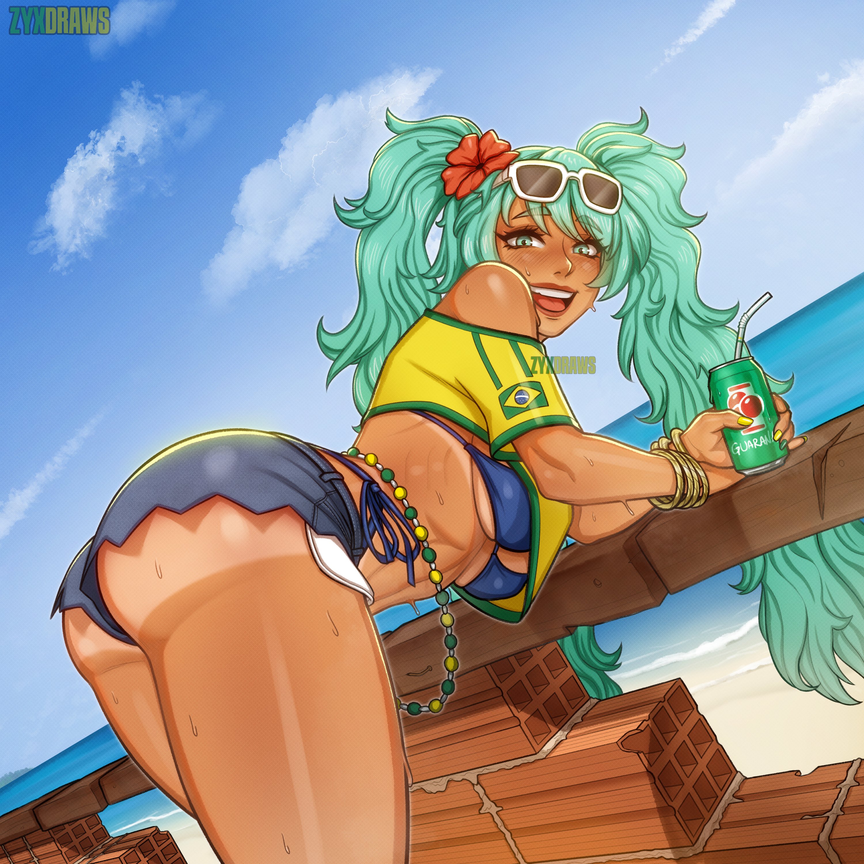1girl, 2d, 2d (artwork), aqua hair, ass, beach, beads, bent over, bikini, bikini tan, blue bikini, blush, bracelet, brazil, brazilian, brazilian female, brazilian miku, breasts, busty, can, crop top, day, eyewear on head, female, female focus, female only, flower, green eyes, hair flower, hair ornament, hatsune miku, hourglass figure, jewelry, large breasts, long hair, looking at viewer, looking back, ocean, open mouth, outdoors, outside, rear view, short shorts, shorts, sky, smile, solo, sunglasses, sweat, swimsuit, tagme, tan, tan body, tan skin, tanline, tanlines, twintails, underboob, vocaloid, waist beads, wide hips, zyxdraws