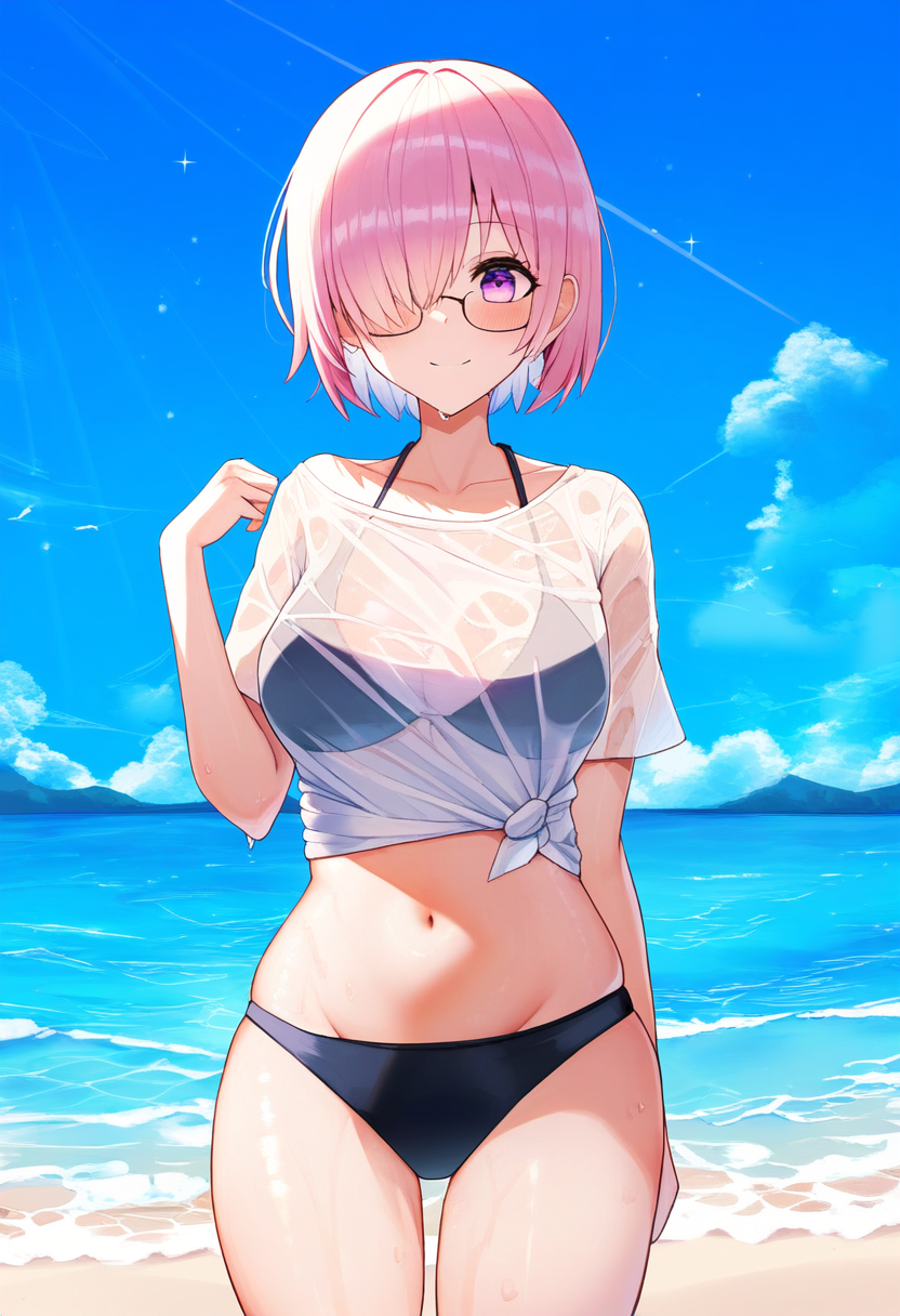 1girls ai_generated belly bikini bikini_bottom bikini_top collarbone fate/grand_order fate_(series) hair_over_one_eye mash_kyrielight mashu moon_mirror pink_hair purple_eyes shielder_(fate) shielder_(fate/grand_order) solo type-moon