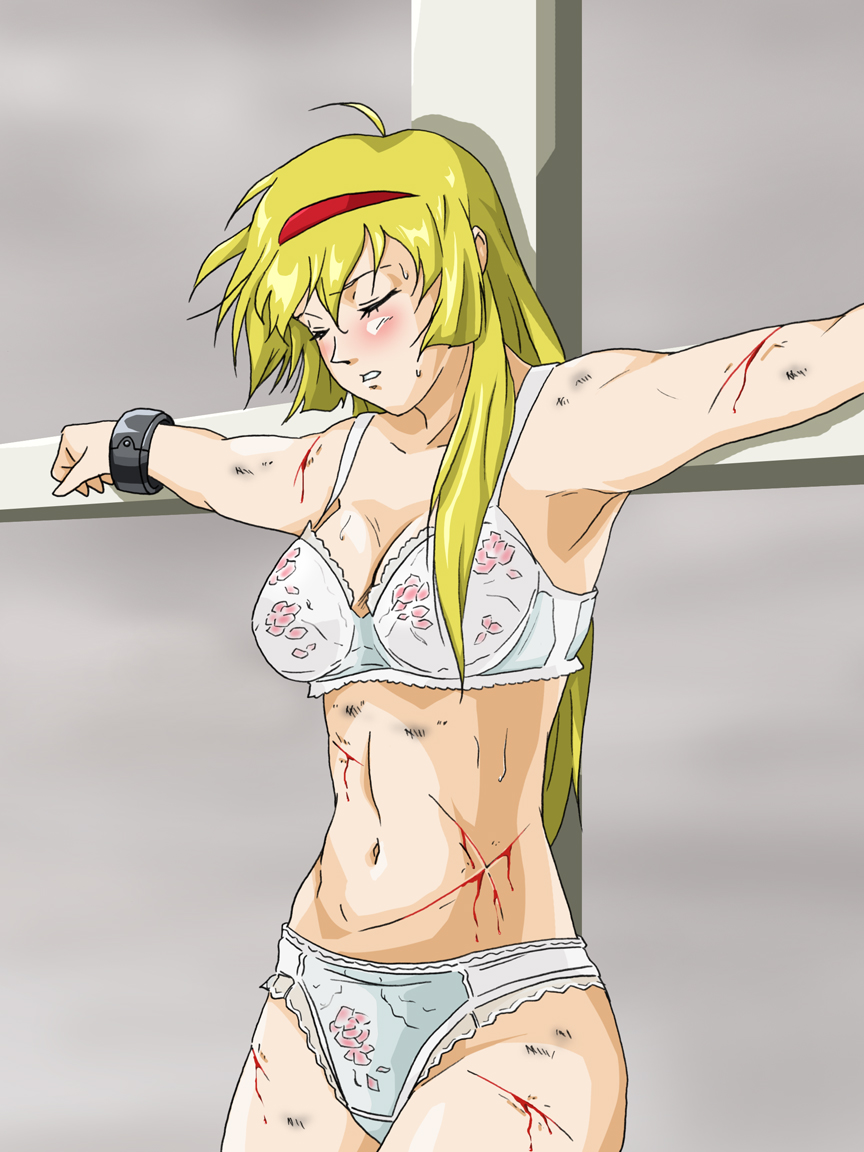 1girls 2012 a-ru_(dn1217) android beaten blonde_hair blood blush bondage bra breasts bruise closed_eyes cowboy_shot cross crucifixion cutie_honey female hairband honey_kisaragi injury large_breasts light-skinned_female light_skin long_hair navel panties sad solo underwear white_panties