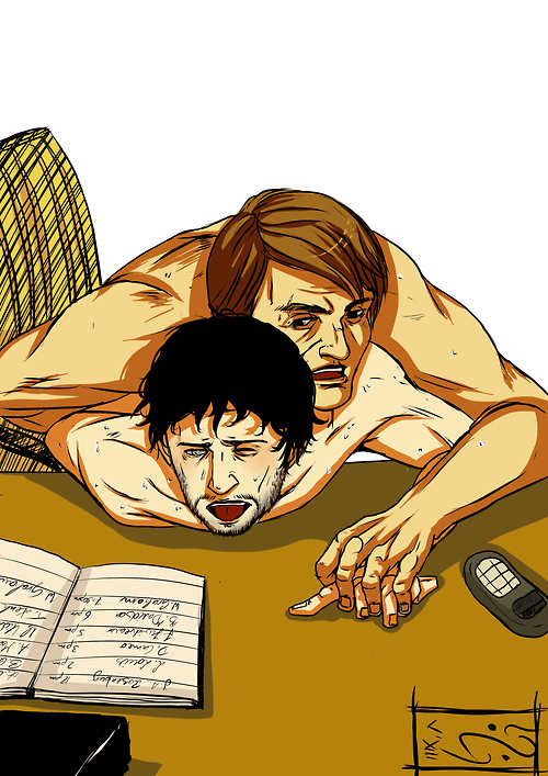 2boys anal brown_hair dark_hair desk desk_sex from_behind gay gay_sex hannibal hannibal_lecter hannigram homosexual male male/male male_only multiple_males on_desk on_stomach on_top sex stubble will_graham yaoi