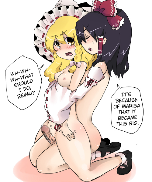 2girls blonde_hair bow breasts brown_hair censored cute_fang detached_sleeves female futa_with_female futanari hairbow hard_translated hat human intersex kamiya_zuzu marisa_kirisame multiple_girls nipples nude penis pointless_censoring reimu_hakurei socks text touhou translated translation_request witch_hat yellow_eyes