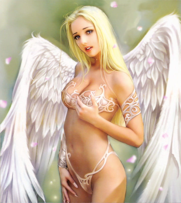 angel, angel wings, armor, artist request, beige skin, blonde hair, blue eyes, character request, cleavage, color, feathers, female, female only, hair, lipstick, long hair, looking at viewer, monster girl, nail polish, open eyes, sad, shouxuefeiteng (online), solo, source request, standing, tears, wallpaper, wings