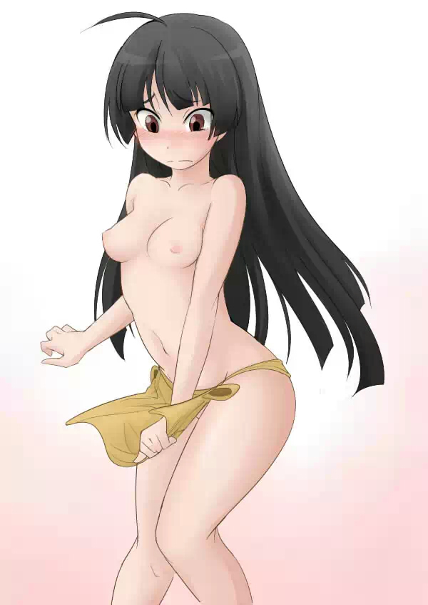 1girls ahoge black_hair blush breasts brown_eyes embarrassed enf female female_only jewelpet jewelpet_sunshine kanon_mizushiro loincloth long_hair looking_down navel no_panties nude simple_background small_breasts solo