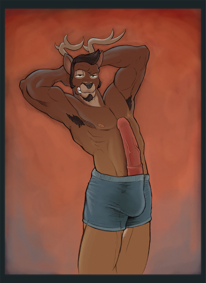 adonis anthro antlers armpit_hair big_penis boxers bulge cervine deer erection facial_hair furry goatee horn male male_only muscles penis showing_off solo underwear vein