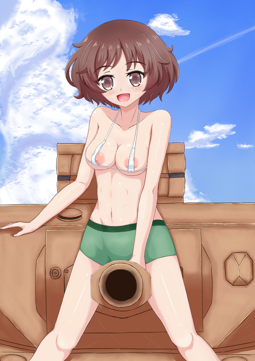 akiyama_yukari armor armored bike_shorts blush breasts brown_eyes brown_hair cannon female girls_und_panzer groin large_breasts navel nipples open_mouth shorts smile solo tank