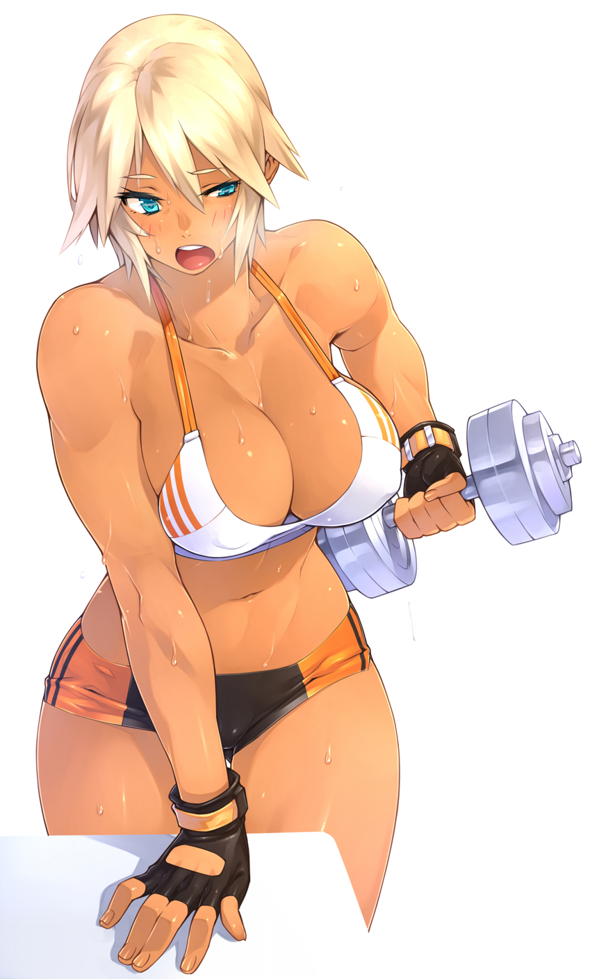 1girls, abs, blonde hair, blue eyes, dark skin, dark-skinned female, dumbbell, female, female only, fingerless gloves, muscular, muscular female, original, sela (sela god), sela god, solo, sports bra, sweat, tanned, weightlifting, workout