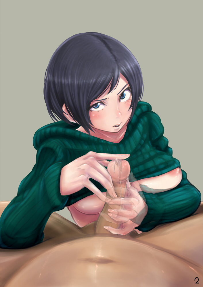 black_hair blue_eyes blush breasts female final_fantasy final_fantasy_vii handjob looking_at_viewer motion_blur nipples no_bra pecolondon penis pov precum ribbed_sweater short_hair solo_focus sweater sweater_lift uncensored yuffie_kisaragi