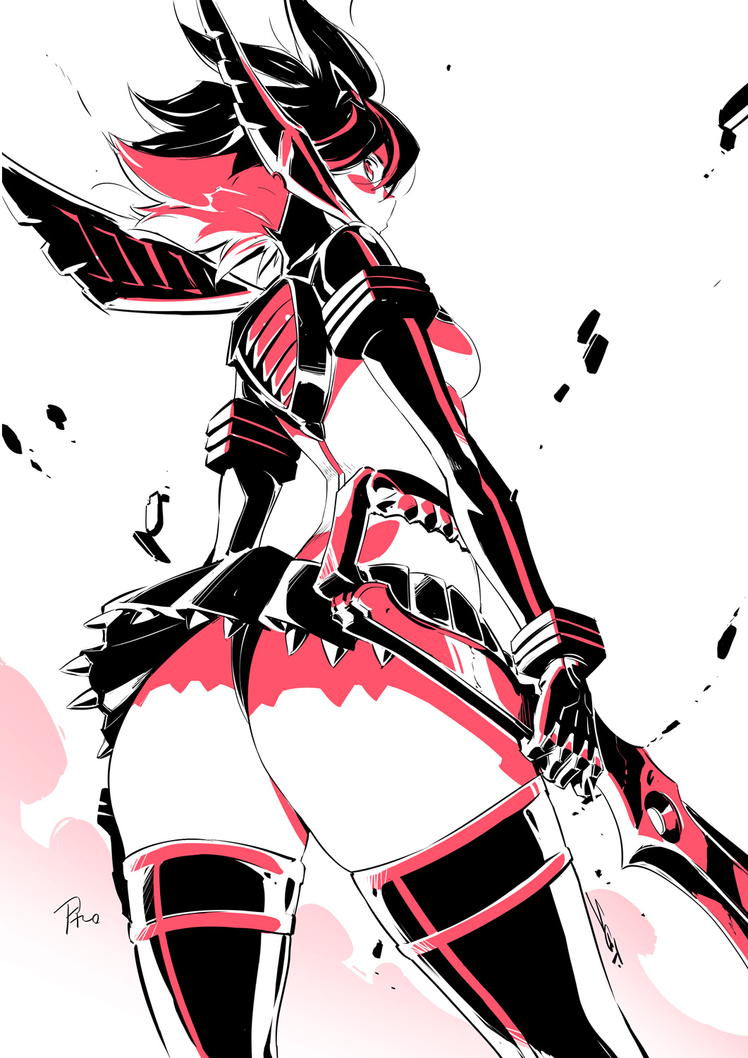 ass, female, kill la kill, looking back, matoi ryuuko, monochrome, senketsu, shigeto koyama, solo, suspenders, thighhighs, weapon