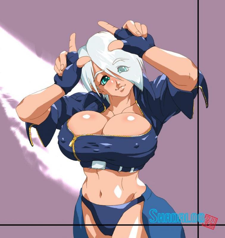 1girls angel_(kof) balrog_(shadaloo_tachikawa_shibu) big_breasts breasts cleavage erect_nipples female female_only human king_of_fighters midriff smile solo white_hair