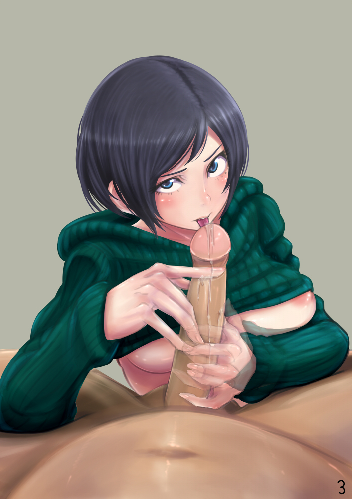 black_hair blue_eyes blush breasts fellatio female final_fantasy final_fantasy_vii handjob licking looking_at_viewer motion_blur nipples no_bra oral pecolondon penis pov precum ribbed_sweater short_hair solo_focus sweater sweater_lift tongue uncensored yuffie_kisaragi