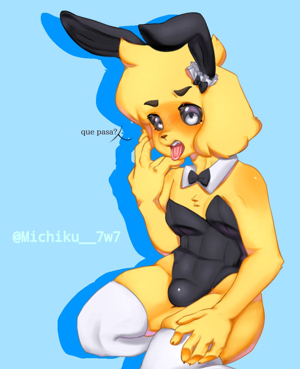 1boy 2021 black_sclera blush bow bowtie bulge bunny_ears bunnysuit canine canis clothed crossdressing domestic_dog ear femboy floppy_ears fur furry golden_retriever kneeling los_compas male male_only michicum mikecrack minecraft_youtubers nervous penis_bulge socks solo solo_male spanish_text tagme teeth text tongue tongue_out trap watermark white_eyes yellow_body yellow_fur youtube youtube_hispanic youtuber