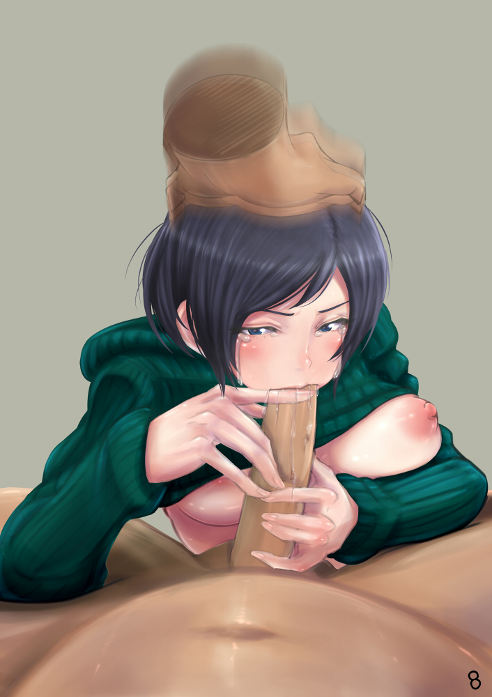 black_hair blue_eyes blush breasts fellatio female final_fantasy final_fantasy_vii forced hand_on_head looking_at_viewer motion_blur nipples no_bra oral pecolondon penis pov ribbed_sweater saliva short_hair solo_focus sweater sweater_lift tears uncensored yuffie_kisaragi