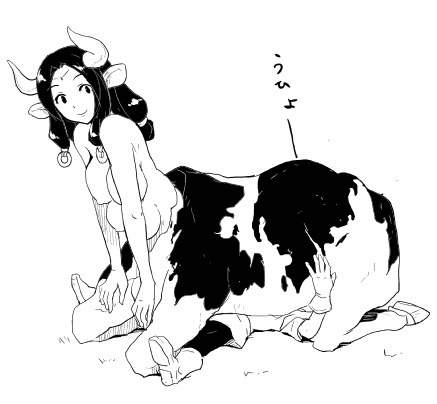 1boy 4_breasts black_fur breasts centaur cow_ears cow_horns cow_print curved_horns facesitting female furry heriyama japanese_text larger_female monochrome monster_girl multi_breast sitting_on_person size_difference smaller_male smile taur undercarriage white_background white_fur white_horns