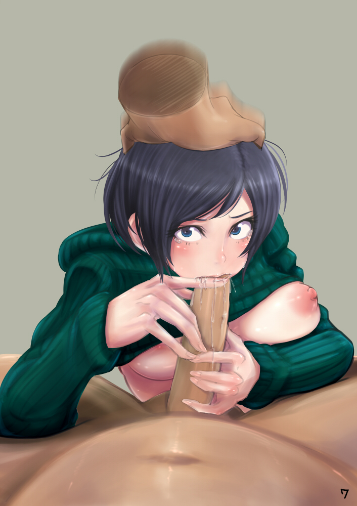 black_hair blue_eyes blush breasts fellatio female final_fantasy final_fantasy_vii forced hand_on_head looking_at_viewer motion_blur nipples no_bra oral pecolondon penis pov ribbed_sweater saliva short_hair solo_focus sweater sweater_lift tears uncensored yuffie_kisaragi