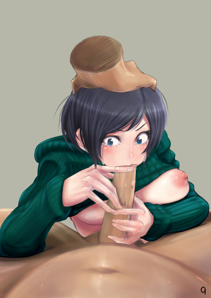 black_hair blue_eyes blush breasts fellatio female final_fantasy final_fantasy_vii forced hand_on_head looking_at_viewer nipples no_bra oral pecolondon penis pov ribbed_sweater saliva short_hair solo_focus sweater sweater_lift tears uncensored yuffie_kisaragi