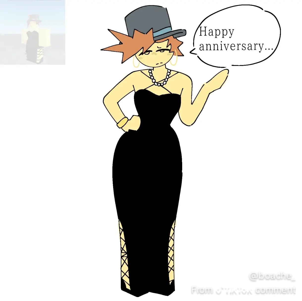 1boy, alternate version available, annoyed, birthday, black dress, boache , dialogue, dialogue box, dress, gold bracelet, gold hoop earrings, happy birthday, hoop earrings, jujutsu shenanigans, modakawa dress, pearl necklace, reference image, roblox, roblox avatar, roblox developer, roblox studio, robloxian, rule 63, source request, tagme, tiktok username, tiktok watermark, tired, tired eyes, tze (roblox), watermark, white background
