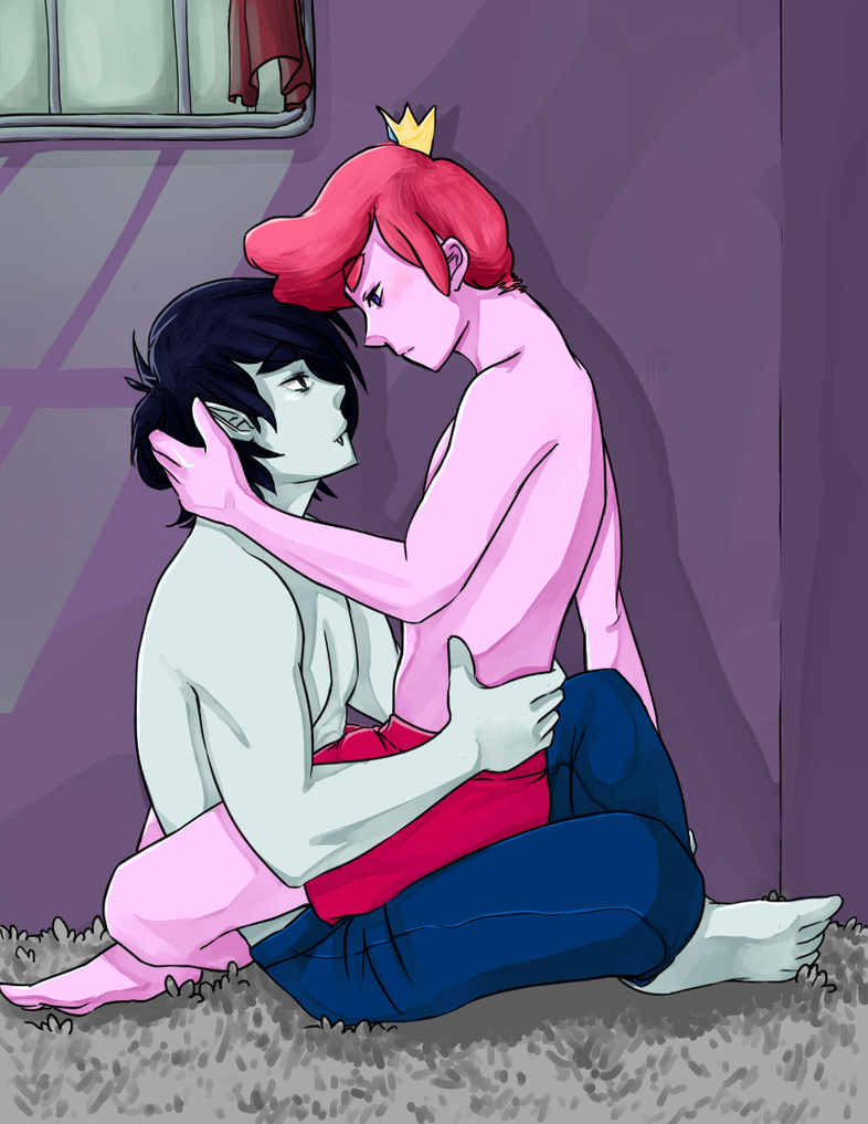 adventure_time bareback barefoot black_hair gay jeans male male_only marshal_lee marshall_lee multiple_males pink_hair prince_gumball shorts topless yaoi