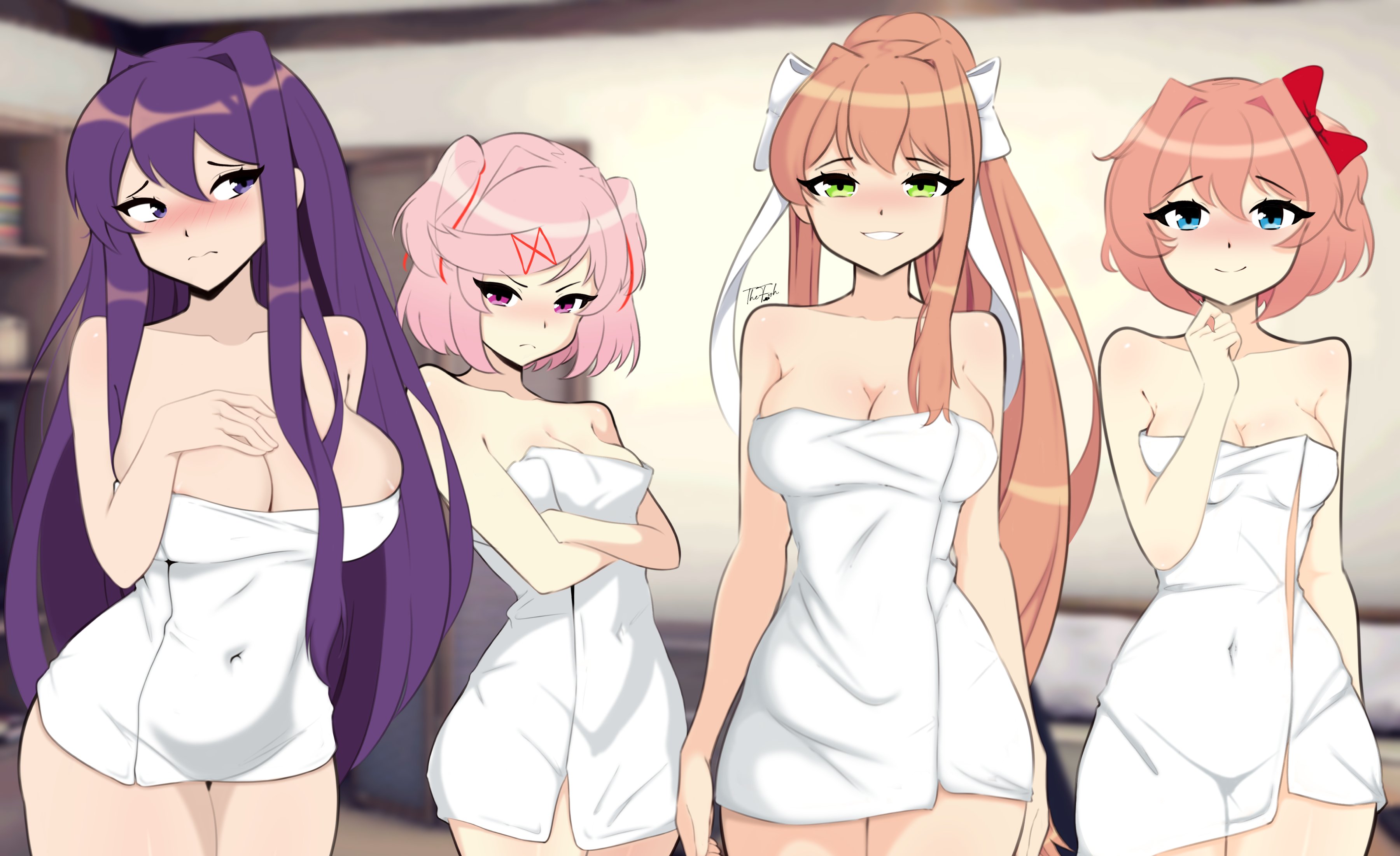 4girls, breasts, doki doki literature club, duplicate, monika (doki doki literature club), natsuki (doki doki literature club), sayori (doki doki literature club), tagme, thefishart, towel, towel only, yuri (doki doki literature club)