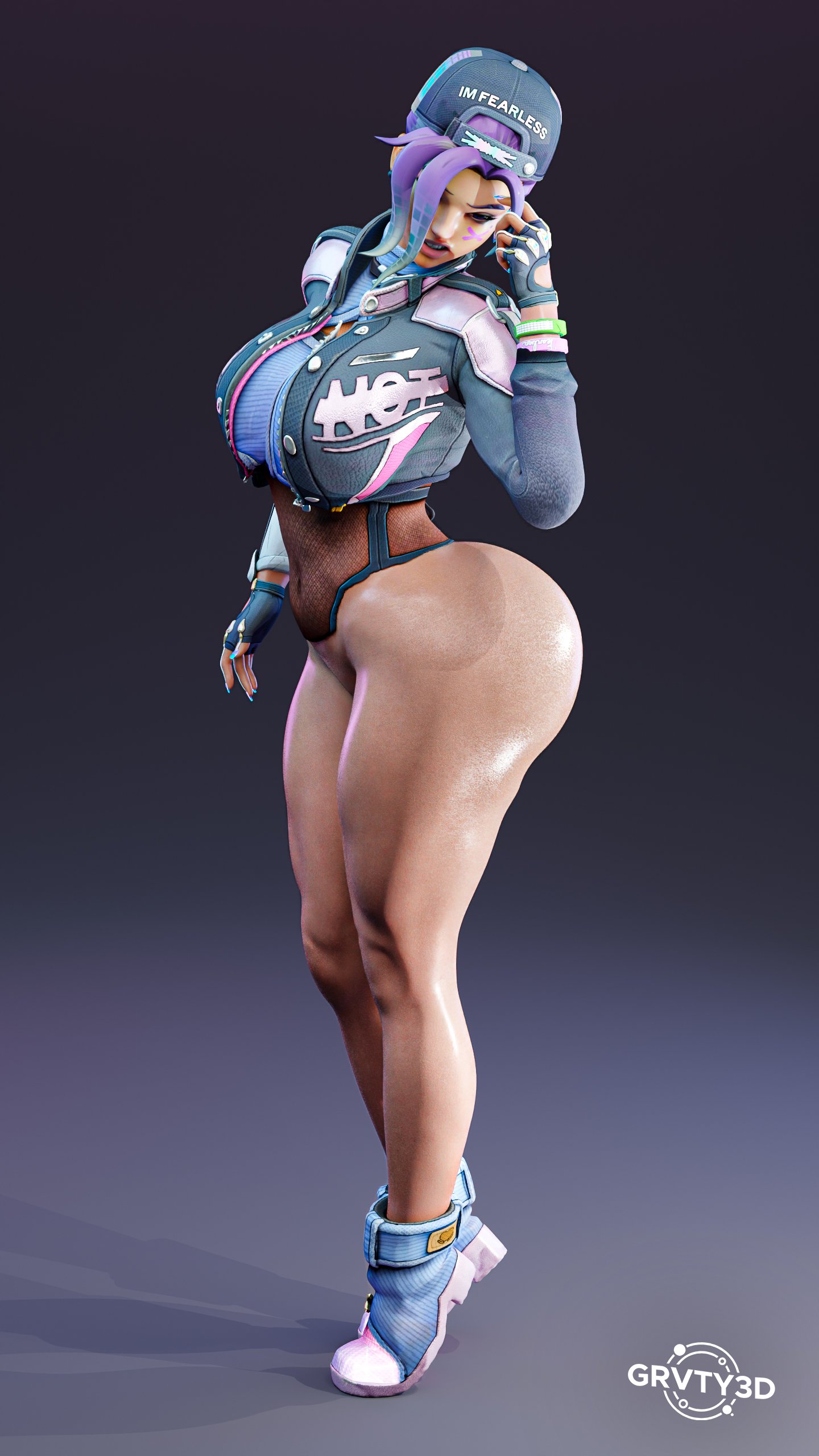 1girls, 3d, 3d (artwork), antifragile slay star, artist name, ass, ass focus, asymmetrical bangs, backwards baseball cap, baseball cap, big ass, big breasts, big butt, blizzard entertainment, boots, bottomless, bottomless female, braid, braided hair, breasts, bubble ass, bubble butt, collaboration, collaboration skins, curvaceous, curvy, curvy female, curvy figure, ear piercing, face paint, facial mark, fat ass, female, female focus, female only, fingerless gloves, footwear, from side, full body, gloves, grvty3d, hat, headwear, huge ass, human, jacket, large ass, large butt, latina, latina female, le sserafim, long hair, looking at viewer, looking back, looking back at viewer, mexican, mexican female, mole, mole under eye, multicolored hair, overwatch, overwatch 2, purple eyes, purple hair, shiny skin, side view, simple background, solo, solo female, solo focus, sombra, standing, voluptuous, voluptuous female, wide hips