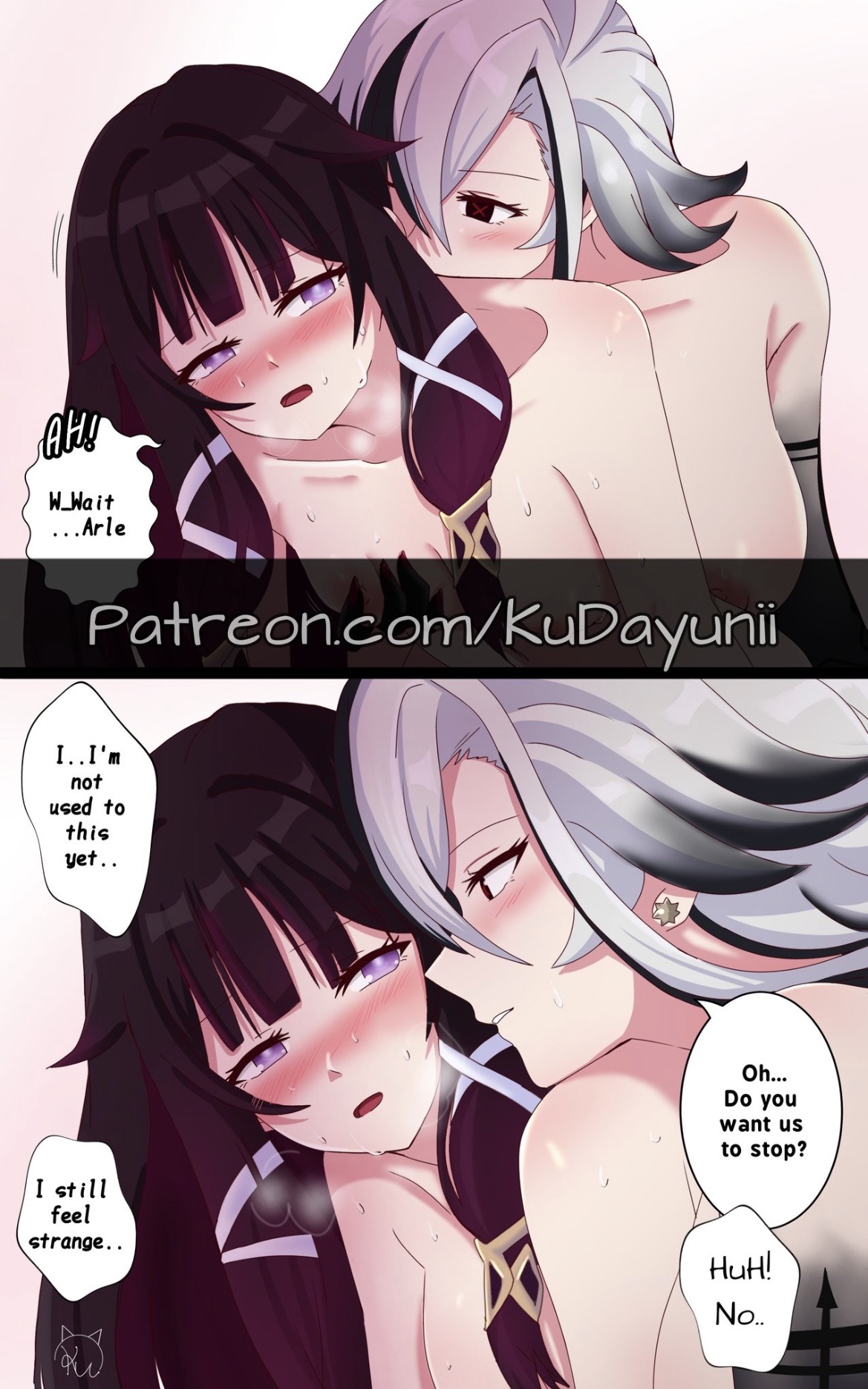 2girls, arlecchino (genshin impact), columbina (genshin impact), female, female only, female/female, genshin impact, hands on breasts, head on shoulder, kudayunii, lesbian sex, long hair, penetration from behind, purple hair, sex, talking to another, white and black hair, yuri