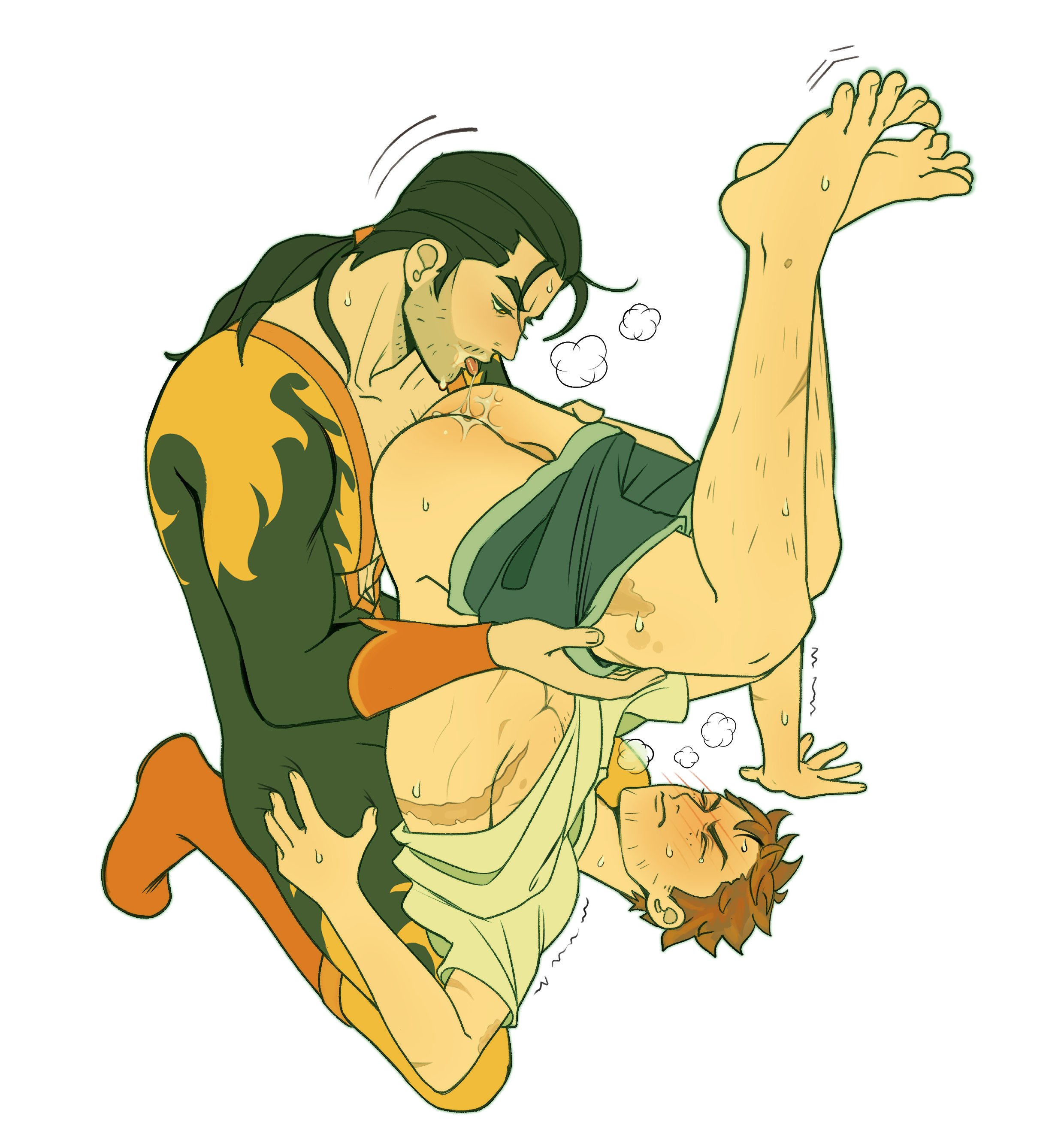 2boys, blushing, chest scar, dispatch, flambae, flushed face, full body, gay, male only, male/male, ponytail, ponytail hair, ponytail male, rimming, rimming male, robert robertson, shaved beard, tagme, upside down, upside down rimming, yaoi