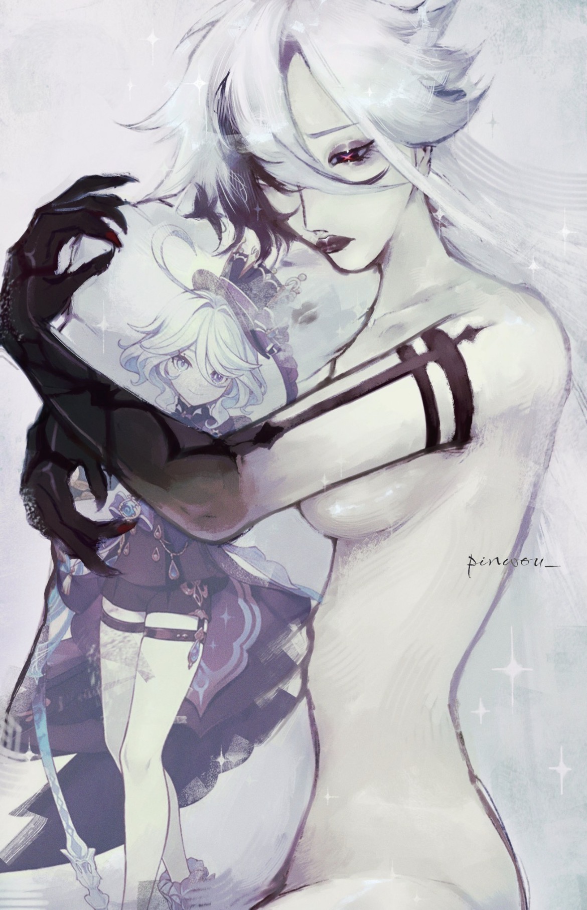 arlecchino (genshin impact), arm markings, black and white hair, body pillow, breasts, character on pillow, female/female, fully nude, furina (genshin impact), genshin impact, hugging pillow, long hair, longing eyes, medium breasts, underboob, yuri