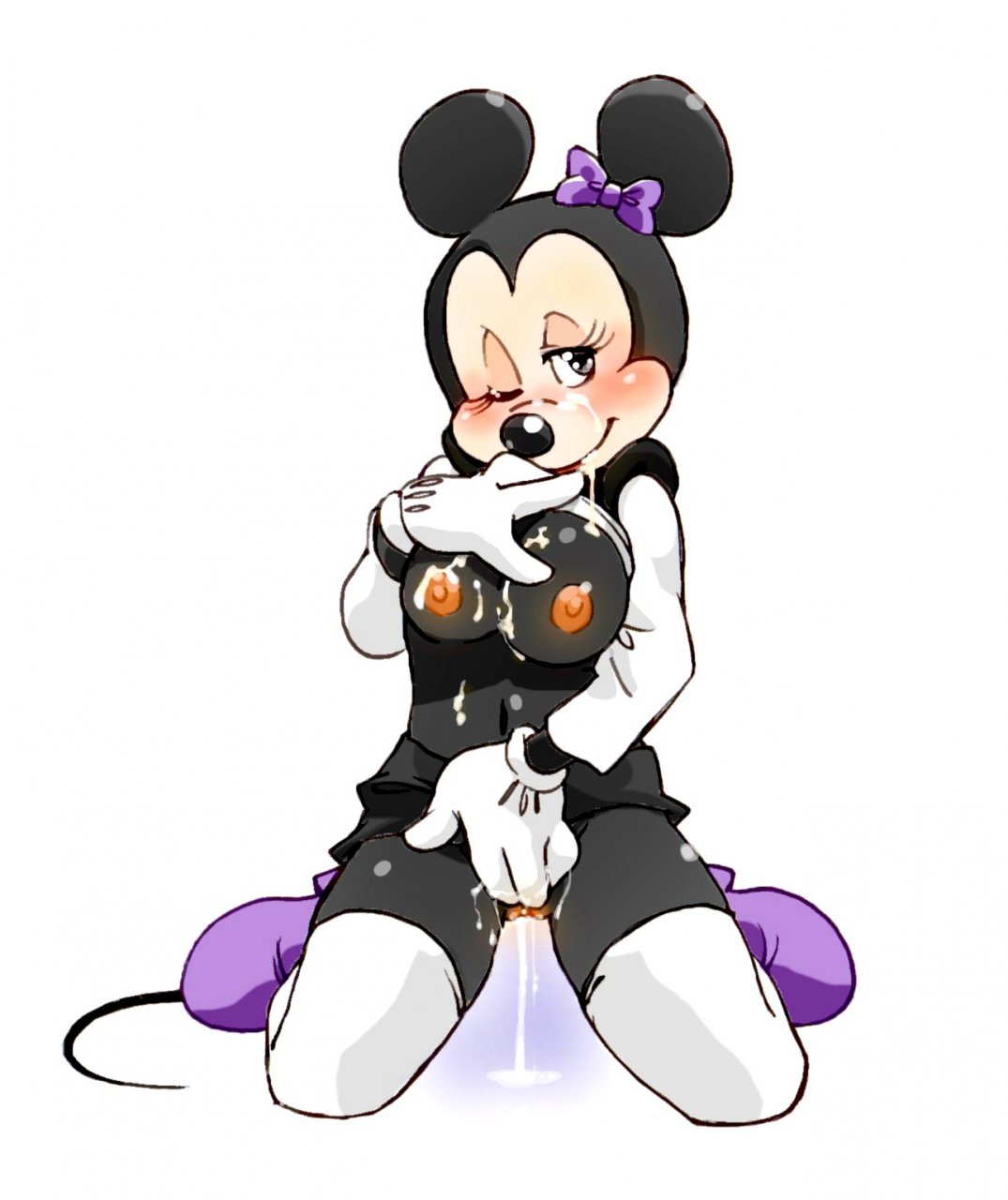 4 fingers, anthro, beige skin, black fur, blush, breasts, closed mouth, clothes, cum, cum on breasts, cum on face, disney, female, female masturbation, fingering, footwear, front view, fur, furry, furry breasts, furry ears, gloves, kneeling, mammal, masturbation, minnie mouse, mouse, nipples, pussy, pussy juice, rodent, round ears, shirt lift, skirt, smile, solo, tail, twistedterra, white background, wink