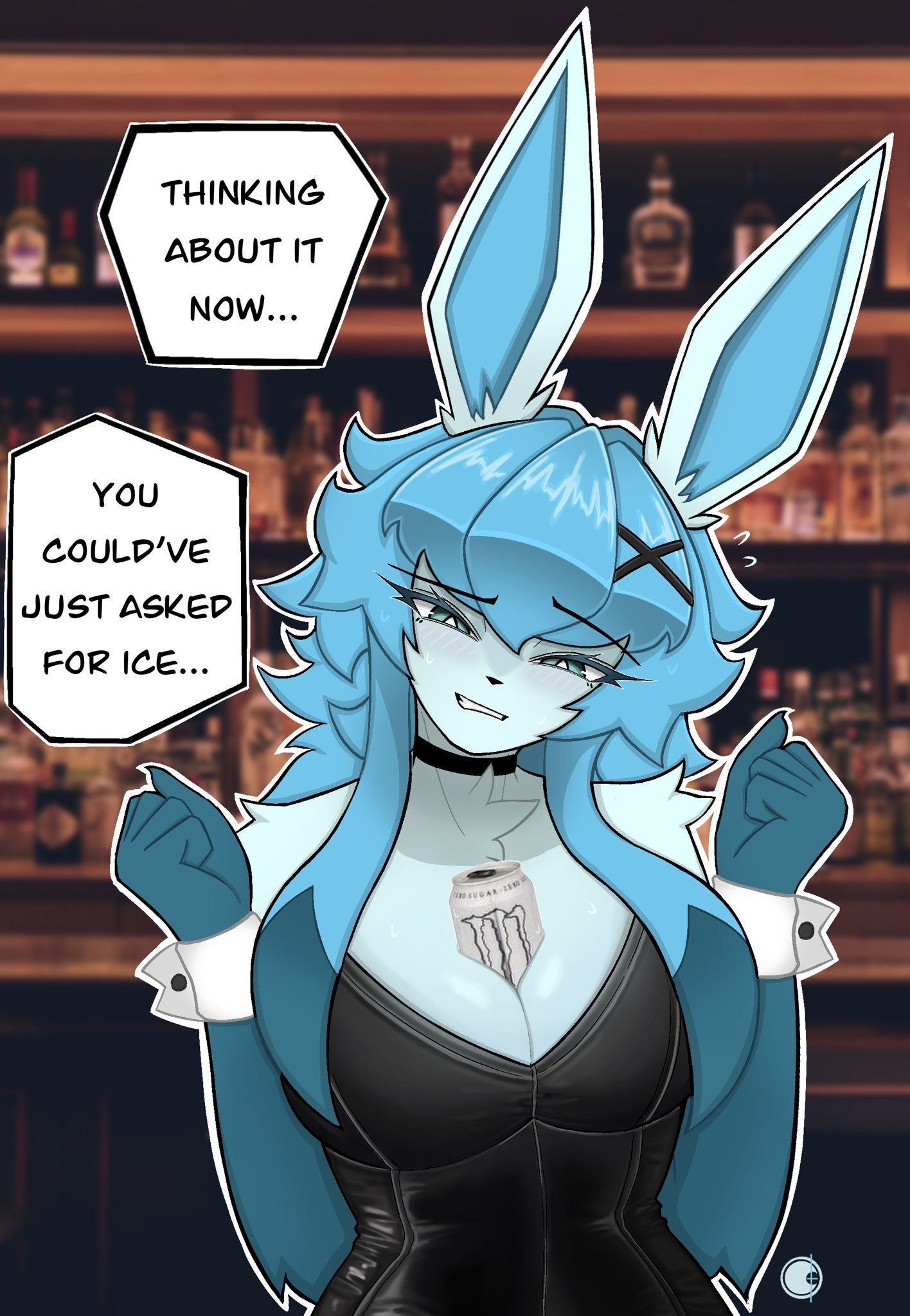 2026, 2d, 2d (artwork), 2d artwork, big breasts, bunnysuit, can, eeveelution, game freak, generation 4 pokemon, glaceon, huge breasts, leotard, looking at viewer, monster (beverage), newishmoon, nintendo, pokemon, pokemon (species), text bubble
