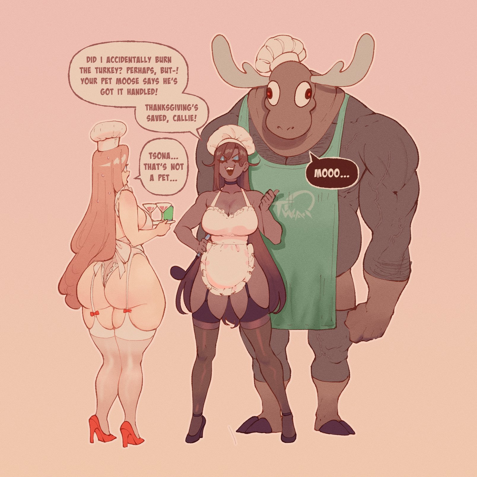 1boy, 2girls, animal mask, ankle strap heels, apron, ass, back bow, bare shoulders, big ass, big breasts, blonde hair, breasts, calgary callie, chef hat, child bearing hips, cleavage, clothed, clothed female, clothed male, confident, costume, dark skin, dark-skinned female, dark-skinned male, dialogue, english text, eyes closed, eyeshadow, female, garter belt, garter strap, gloves, hand on hip, heels, high heels, hips, holding tray, hooved boots, huge ass, huge breasts, image set, imminent anal, imminent sex, large ass, large breasts, light skin, light-skinned female, lingerie, lipstick, long hair, makeup, male, mask, masked male, massive ass, muscular male, narrow waist, original, original character, panties, pawg, pointing, pudgy belly, ribbons, sharp teeth, shorter female, simple background, solid color background, taller male, thicc thighs, thiccwithaq, thick thighs, thighhighs, thighs, thighs together, tsona (nyantcha), underwear , voluptuous, voluptuous female, wide hips