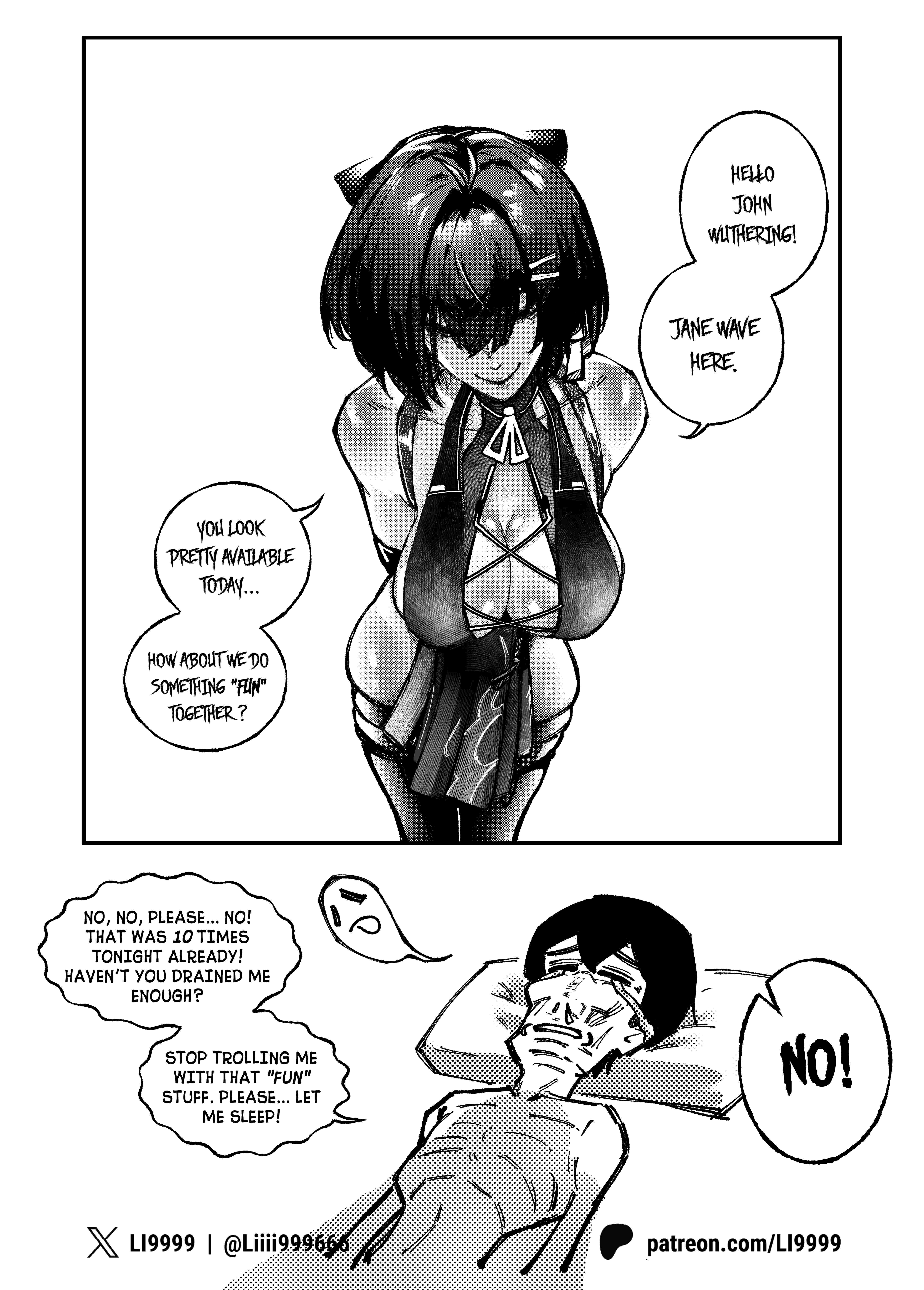 1boy, 1girls, big breasts, black hair, english text, female, female rover (wuthering waves), gray scales, large ass, large breasts, li9999, male rover (wuthering waves), monochrome, rover (wuthering waves), selfcest, short hair, thick thighs, thighs, wuthering waves