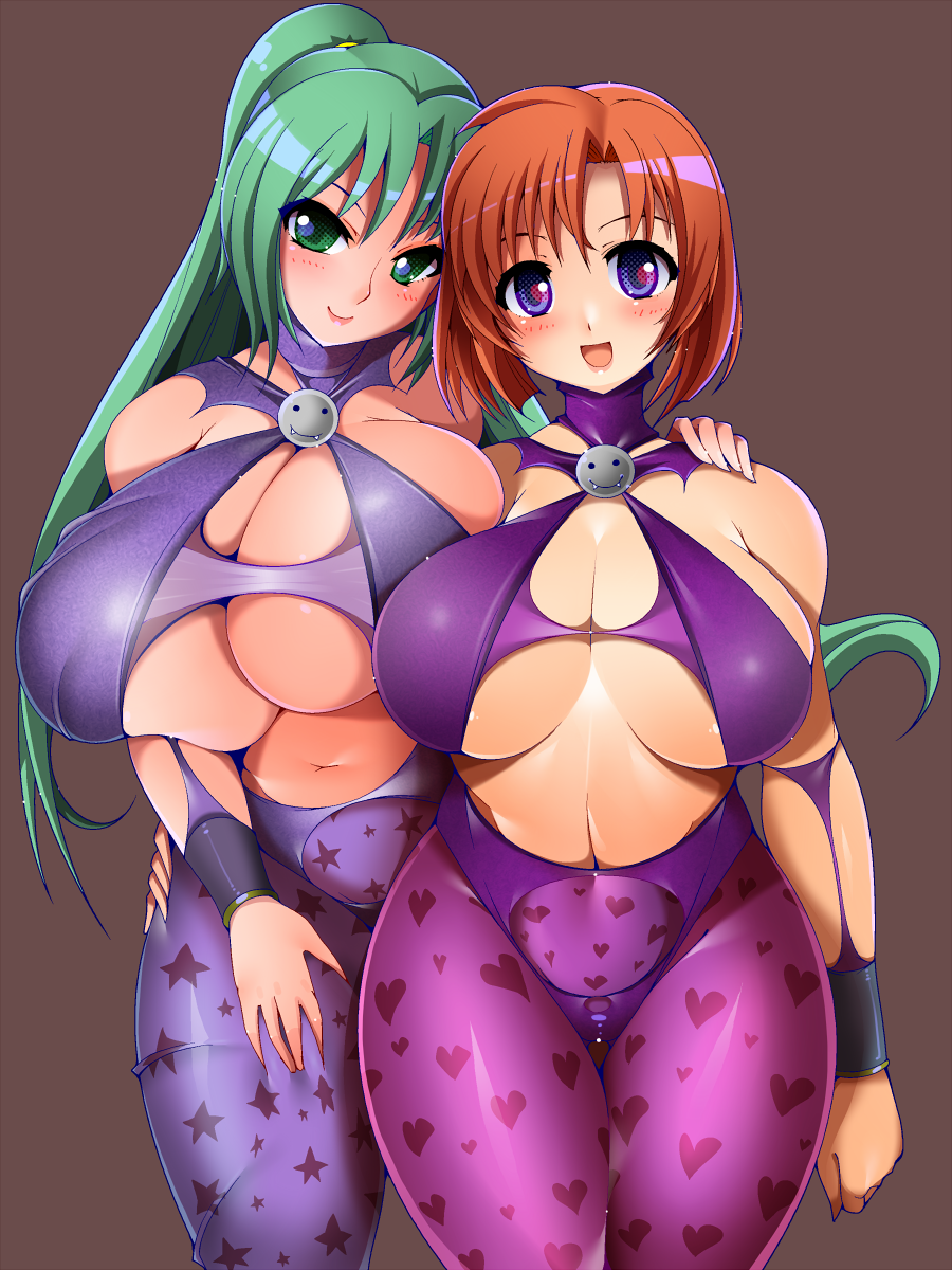 2girls amano_taiki big_breasts breast_press breasts brown_hair center_opening cleavage_cutout green_hair pantyhose thick_thighs