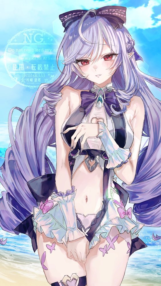 1girls, breasts, colored nails, exposed breasts, female, hoyoverse, long hair, long nails, mihoyo, mrsk333, official alternate costume, painted nails, purple hair, purple nails, red eyes, swimsuit, vivian banshee, vivian banshee (iris of the shore), white swimsuit, zenless zone zero