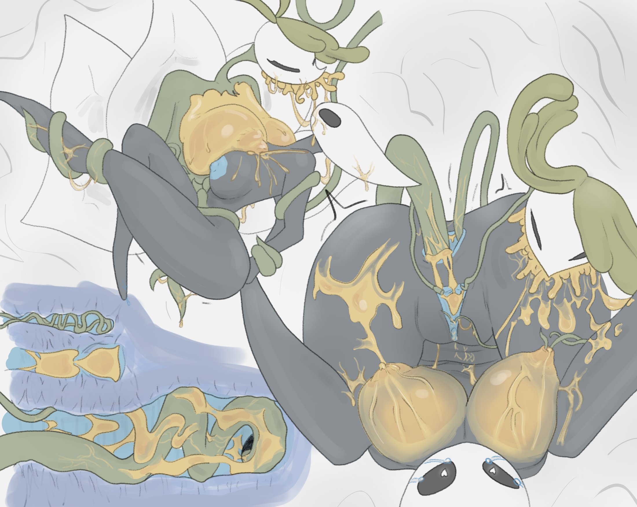 2girls, ass, ass penetration, big breasts, breasts, bug, bug girl, covered in saliva, heart-shaped pupils, hollow knight, hollow knight (franchise), hollow knight: silksong, hornet (hollow knight), lactating, lactation, large breasts, low oil, nyleth, penetration, plant, plant girl, pussy, saliva, spider, spider girl, team cherry, tentacle, tentacle penetration, tentacle sex, yuri