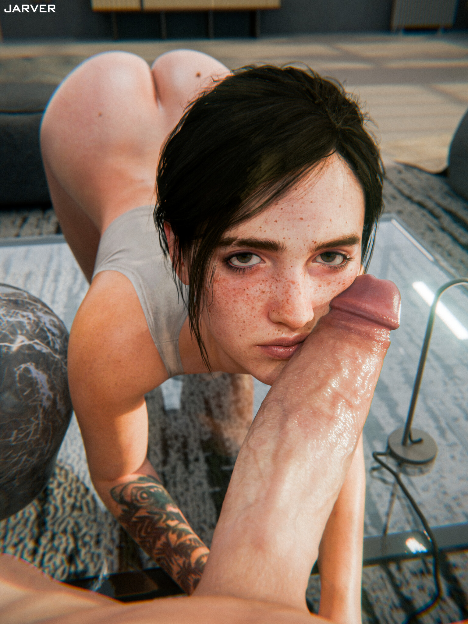 1boy, 1girls, 3d, big penis, brown hair, ellie (the last of us), ellie williams, eye contact, female, female focus, femsub, freckles, human female, jarver, lesbian with male, light-skinned female, looking at viewer, male, pov eye contact, tagme, the last of us