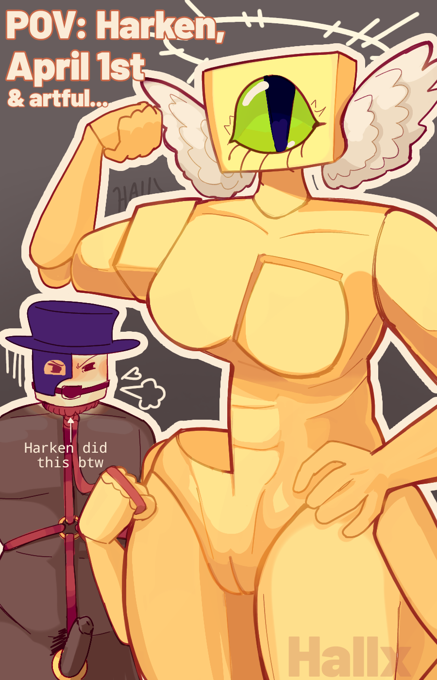 artful (die of death), ball gag, bondage, die of death (roblox), female domination, h4llx, harken (die of death), muscular female, one eye, roblox, roblox game, robloxian, self upload, tagme, tied up male, wings on head