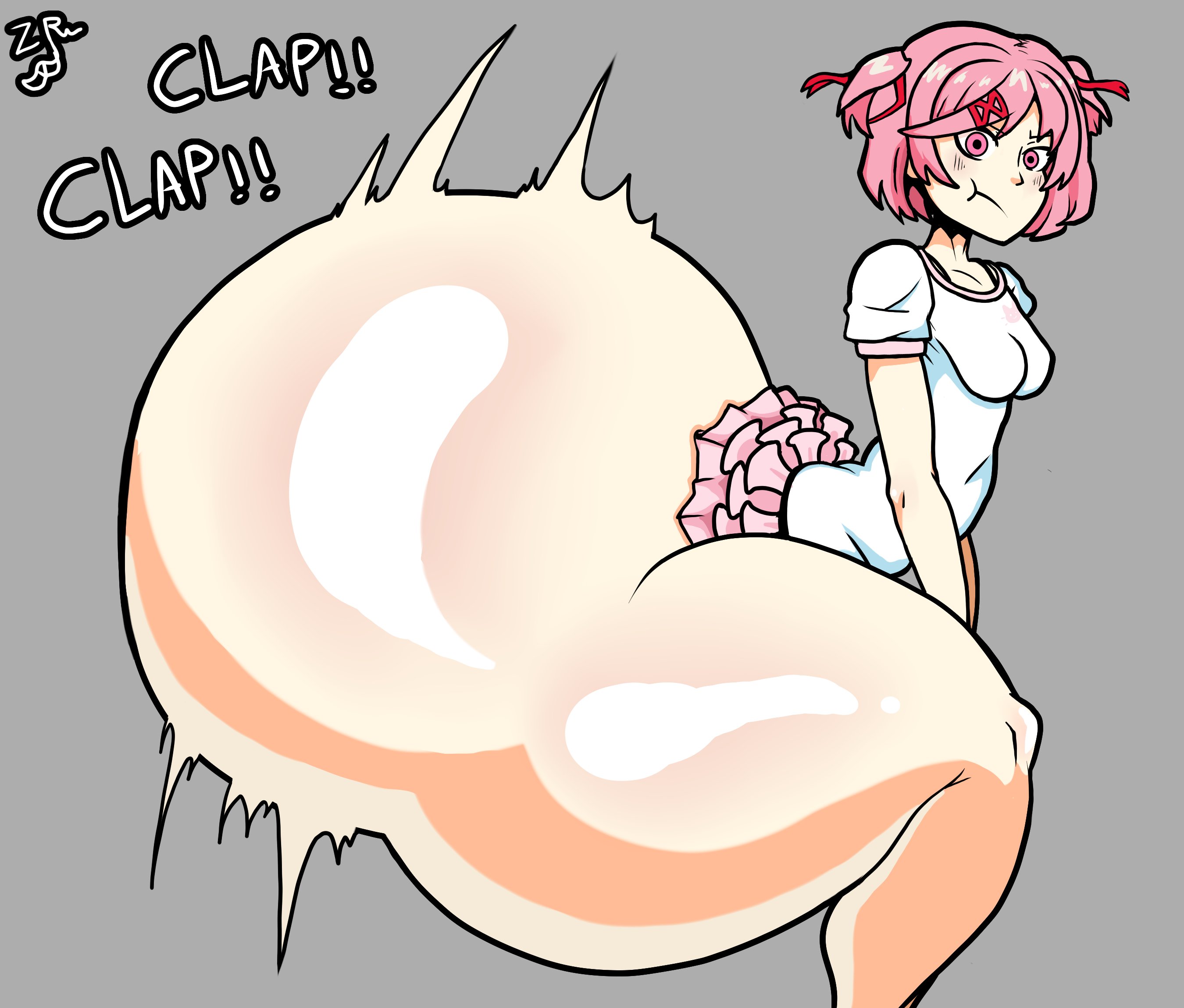 1girls, alternate ass size, alternate body type, ass, ass bigger than head, ass body, ass hanging out, ass hanging out of skirt, beltskirt, big ass, bottom heavy, breasts, bubble ass, bubble butt, caked up, dat ass, doki doki literature club, female, female focus, female only, gigantic ass, huge ass, human, human female, human only, light skin, light-skinned female, looking at partner, looking at viewer, looking down, microskirt, natsuki (doki doki literature club), pink eyes, pink hair, side view, skirt, small breasts, solo, solo female, solo focus, tagme, tagme (artist), thick thighs, throwing it back, thunder thighs, twerk, twerking, twerking position, twitter link, zorkoth